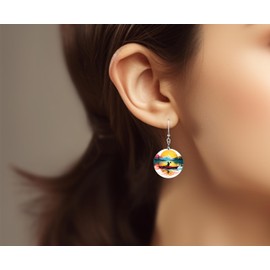 Round Wood Earrings Light Weight Printed Image Dangle Jewelry (Sunset Kayak)
