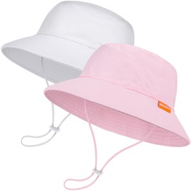2-Pack Baby Sun Hat Kids Summer UPF 50+ Sun Protective Toddler Bucket Hat Wide Brim Adjustable Beach Hats for Boys Girls Age 0-6 Years (Pink + White)