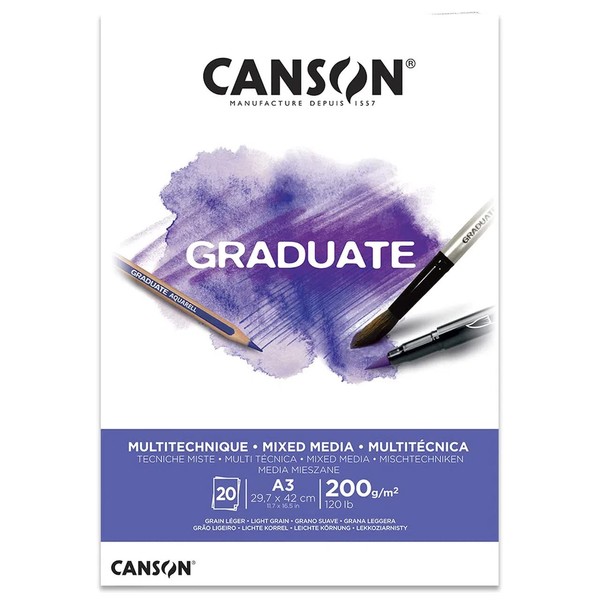 CANSON Graduate Mixed Media 220gsm A3 Paper, Light Grain, Pad Glued Short Side, 20 Bright White Sheets, Ideal for Student Artists