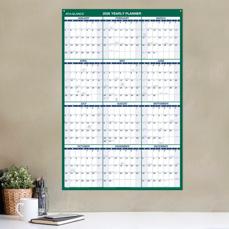 AT-A-GLANCE 2026 Erasable Calendar, Dry Erase Wall Planner, 24" x