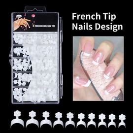 100pcs French Tip Press on Nails Long Coffin Fake Nails White Glossy Glue on Nails with Design Acrylic Nails Tips Glossy Stick on Nails Artificial Nails for Women Girls