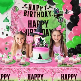 pekeng Pink and Green Birthday Party Decorations Kit Witch Birthday Table wares Party supplies Paper Dinner Plates for Movie Fans Table Decorations for Youth