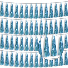 4P Light Blue Foil Fringe Tassel Banner Garland Metallic Tinsel Streamers Wall Hanging Curtain Backdrop Banner for Parade Floats, 2024 Graduation Decorations, Wedding Party Decoration