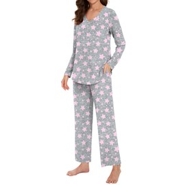 Bestbee Womens Pajama Set Plus Size, 2 Piece Lounge Outfits V Neck Y2K Sleep Set Long Sleeve With Pockets Ladies Pjs Set, 2XL, Star Grey