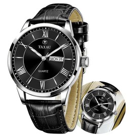 Taxau Watches Men's Gentleman Men's Watch Business Leisure Men's Watches Luxury Men's Watch Roman Numerals Men's Watch with Date and Day Display Men's Watch Waterproof Watches for Men, Black leather