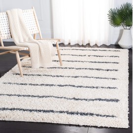 SAFAVIEH Area Rug 8x10 - Venus Shag Collection - Large - Ivory & Dark Grey, Stripe Design, Non-Shedding & Easy Cleaning, Ultra Plush Thick Pile, Ideal for Living Room, Bedroom, Dining Space (VNS604B)