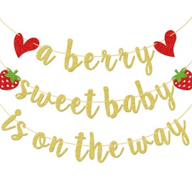 A Berry Sweet Baby is On The Way Banner, Pre-strung Glitter Strawberry Baby Shower Banner, Berry Sweet Girl Baby Shower Decoraions, Gold Glitter