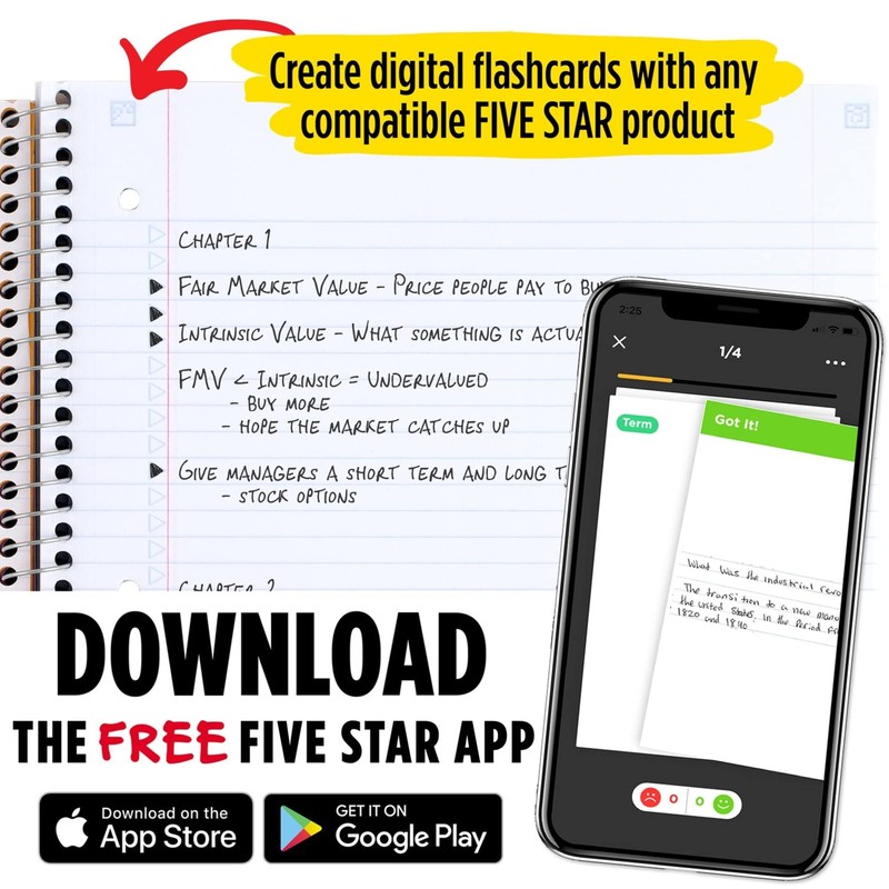 Five Star Spiral Notebook + Study App, 3 Subject, College