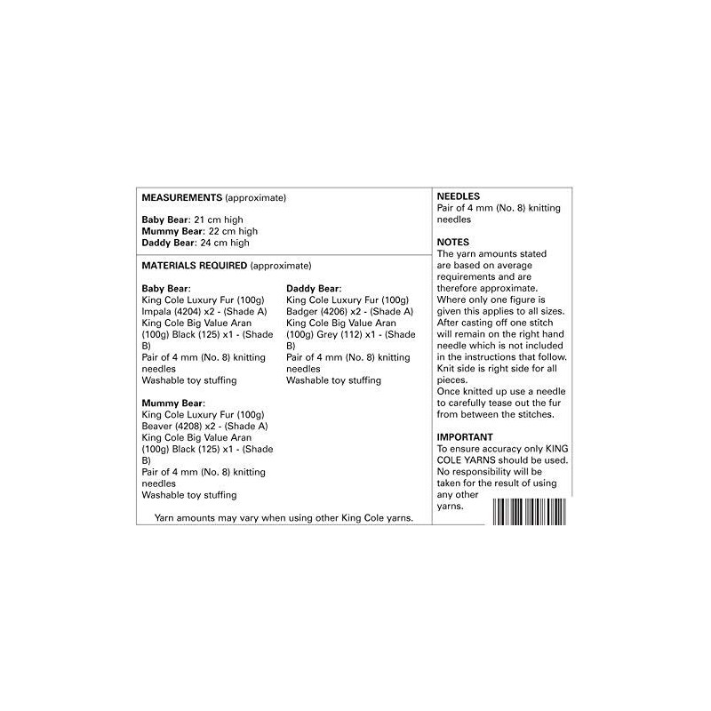 King Cole 9120 Knitting Pattern Luxury Fur Teddy Bears in