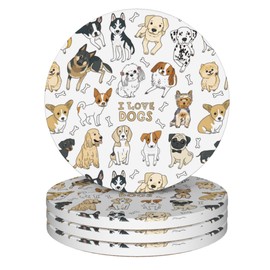 Drink Coasters Set of 4,Dog Cute Dogs Animal Coasters for Drinks Ceramic Coasters with Cork Bottom for Kinds of Mugs and Cups,Home Decor,4''