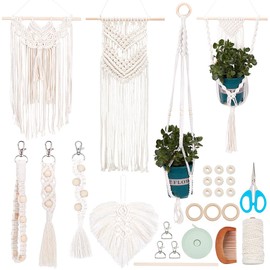 INFUNLY 8 in 1 DIY Macrame Kit All in One Macrame Kits for Adults Beginners White Macrame Wall Hanging Ornaments for Decoration Easy Macrame Keychain Kits Macrame Plant Hanger Kit with Instruction