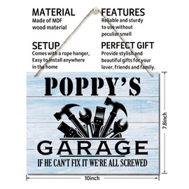Rustic "Poppy's Garage If He Can't Fix It We're All Screwed" Wood Sign, Hanging Printed Wall Plaque Wood Signs, Farmhouse Decor, Dad Gift Garage, Father's Day Gift for Grandpa 10 X 7.8 inch