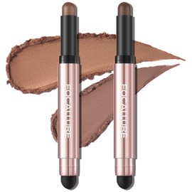 FOCALLURE 2PCS No Crease Eyeshadow Stick,Shimmer and Matte Cream Eyeshadow Pencil Crayon,Long Lasting Waterproof Eye Brightener Stick With Blending Brush,Daily Chocolate