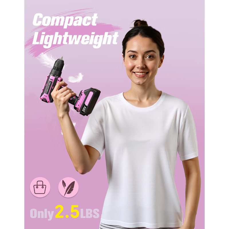 Pink Cordless Drill Set, 20V Max PowerDrill for Women, Lightweight