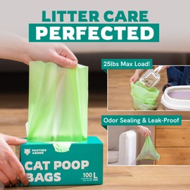 Panther Armor Compostable Cat Litter Bags for Poop - 100x Unscented Pet Waste Bags, 13x9in Leak Proof Kitty Litter Bags - Odor Proof, Easy Open Dispenser Box of Cat Poop Bags