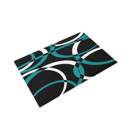 Bath Mat Modern Abstract Art Soft Microfiber Shaggy Bathroom Rugs Floor Mats Geometric Circle Black Teal Washable Bath Rug for Bathroom Plush Rugs for Shower16 x24