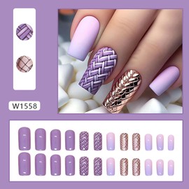 Press on Nails Square Medium Length Glossy Full Cover Acrylic Square Shape False Nails with Designs Artificial Short Coffin Fake Nails with Charms Glue Stick on Fingernails for Women Girls(W1558)