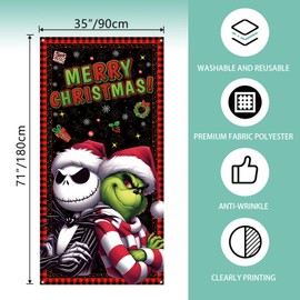 Merry Christmas Door Cover Nightmare Before Christmas Jack Skellington Photo Backdrop Christmas Xmas Winter Holiday Party Decorations and Supplies for Home-71×35''