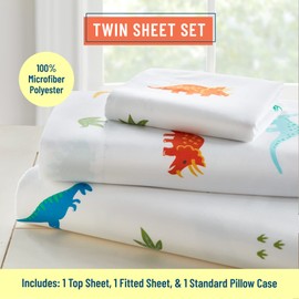Wildkin Kids Microfiber Twin Sheet Set for Boys and Girls, Bedding Sheet Set Includes Top Sheet, Fitted Sheet, and One Standard Pillow Case (Jurassic Dinosaurs)