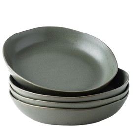 AmorArc 9.75'' Ceramic Large Pasta Bowls, 38oz Stoneware Flat Serving Bowls Set of 4, Oven,Microwave&Dishwasher Safe Bowls with Wavy Rim for Fruit Pasta Salad Meal, Reavtive-Matte