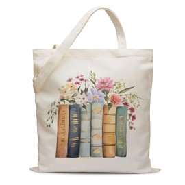 Cute Book & Flower Canvas Tote Bag Book Lover Gifts for Women Mom Wife Daughters Friends, Bookish Gifts for Work Beach Shopping,Floral Tote Bag Gift for Birthday Christmas