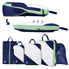 AiQInu Packing Cubes Compression, Pack of 5 Packing Bags, Compression Suitcase Organiser Set with Laundry Bag and Shoe Bag, Ultralight, Expandable, Travel Pack Organiser for Hand Luggage (Dark Blue)