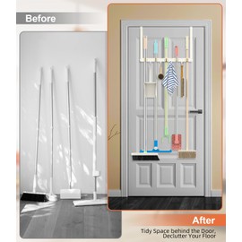 Broom Holder Over The Door Drilling Free Mop and Broom Holder with 4 Over Door Hook, Metal Mop and broom hanger Wall Mount Broom Storage Tool Organizer for Laundry Room Garage Kitchen Bathroom - 1Pack