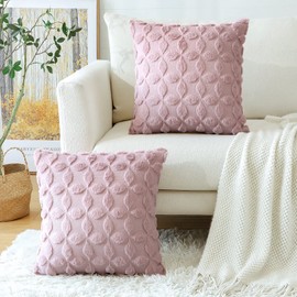 OTOSTAR Set of 2 Soft Plush Short Wool Velvet Decorative Throw Pillow Covers with 3D Flower Pattern Cushion Covers - Couch Sofa Pillow Covers for Living Room - Pink 18x18 Inch