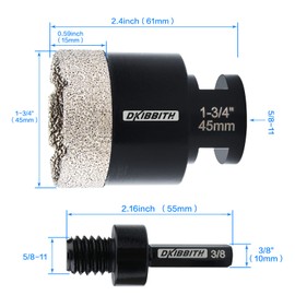 DKIBBITH 1-3/4'' Diamond Hole Saw, Vacuum Brazed Core Bit for Granite Tile Quartzite Marble Concrete Porcelain Ceramic Stones with 5/8-11 Thread Angle Grinders and 3/8” Hex Shank Electric Drills