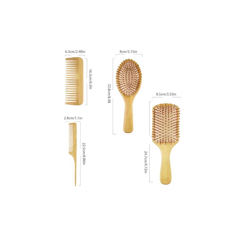 Juego de 4 Cepillos y Peines de Bambú para Cabello