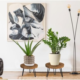 OBTAIN Plant Stand Indoor Outdoor, Wooden plant Stool, Mid Century Plant Stand for Indoor Plants, Wood Modern Plant Holder Rattan Flower, Low Short Boho Rustic Planter Stand Fit 5-15 Inch Pot(M, L)