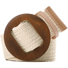 GeorgeX Cinturón de Vestir para Mujer Elástico Tejido de Paja de Moda Con Hebilla Ancha de Madera para Pantalones y Mono