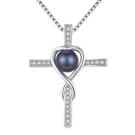 Gifts for Women Wife Mom-Tahitian Black Pearl Cross Pendant Necklace- 18K White Gold Plated Sterling Silver Religious Jewelry Wedding Birthday Anniversary Valentines Day Christmas Mothers Day Gifts for Mom Girlfriend Her