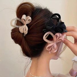 Rannyrena Large Bows Mesh Hair Clips for Women Pearl Flower Bubble Hair Barrettes for Thick Thin Hair Chiffon Silk Bowknot Claw Clips Hair Accessories (Satin Small Bow Set)