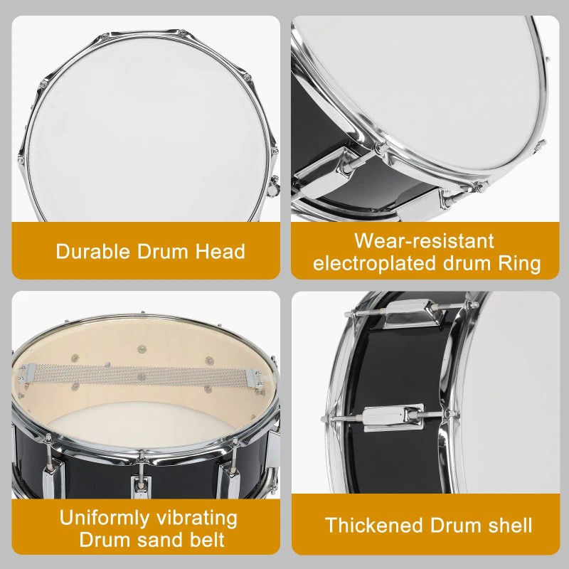 "14x5.5in Beginner Student Black Snare Drum Set with Drumstick Holder
