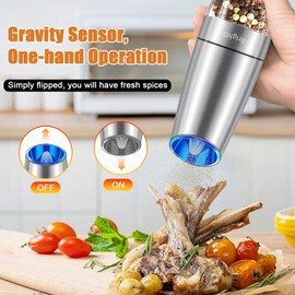 BRIGHTX Gravity Electric Salt and Pepper Grinder Set | Automatic Gravity Salt and Pepper Shakers | Refillable Battery Operated Mills | Adjustable Coarseness | Cordless Stainless Steel Pepper Grinders