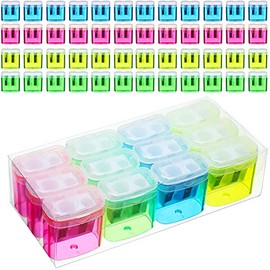 48 Pieces Pencil Sharpeners Manual Double Hole Pencil Sharpener with Lid Hand for School Office Home, Handheld Plastic Crayon Sharpener,Colourful Birthday Favor,Christmas Child Stocking