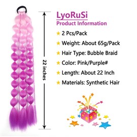 LyoRuSi 22 Inch Colored Bubble Ponytail Extensions, 2 Pcs Lightweight Colored Hair Extensions for Girls Kids Bubble Ponytail Extension with Hair Tie (Pink/Purple#)