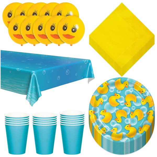 Rubber Duck Dessert Party Pack - Bubble Bath Paper Dessert Plates, Napkins, Cups, Table Cover, and Balloons (Serves 16)