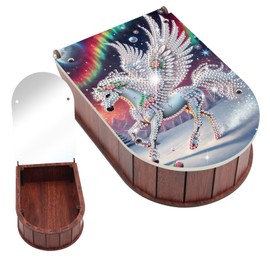 antor DIY Diamond Art Storage Box with Mirror, Crystal Diamond Painting Desktop Jewelry Organizer with Flipping Lid, Wooden Tabletop Multifunctional Case for Home & Office, Winged Horse