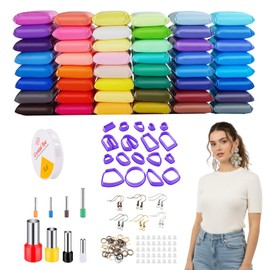 48 Colors Polymer Clay Jewelry Making Kit, 18 Unique Molds, 100 Earring Hooks, 3 Sculpting Tools, Bracelet Cord - Perfect for Crafting Earrings, Necklaces, and Bracelets - DIY Jewelry Supplies ﻿