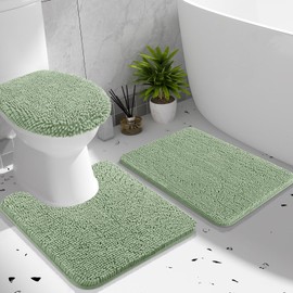 OLANLY Chenille Bath Rugs Sets with Toilet Lid Cover, 3 Piece, Sage Green