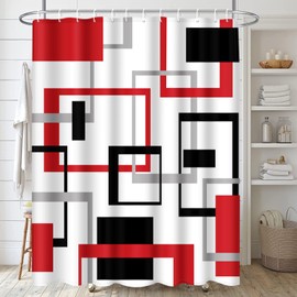 ArtSocket Geometric Red and Gray Bathroom Set with Shower Curtain and Rugs Accessories, Black and Gray Modern Red Shower Curtain for Bathroom, Red Bathroom Decor 4 Pcs