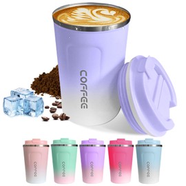 Travel coffee mugs leak-proof, reusable coffee cups with lids, stainless steel vacuum thermos coffee tumblers,thermal insulation cups for men and women hot & cold drinks (2nd-Purple White, 12OZ)