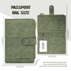 RFID Blocking Passport Holder with Vaccine Card Slot Protector Passport and Vaccine Card Holder Combo Leather Bi-fold Large Capacity Travel Wallet with Zipper Gifts for Women Men (Green)