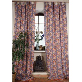 Boho Curtains (1 Pair) with Loops, Hand Printed Ethnic Style Curtain, Mandala Motif - Orange/Yellow / Curtains and Curtains