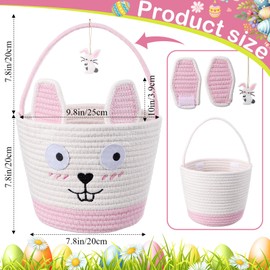 Zopeal 2 Pcs Pink Easter Baskets Woven Rope Bunny Gifts Basket with Ears Large Empty Egg Storage Basket for Easter Party, 9.8 x 7.8 x 7.8 Inch