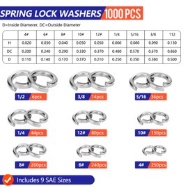 1000 Pcs Spring Lock Washers Assortment Kit – 9 SAE Sizes Split Lock Washers, 304 Stainless Steel Washers for Screws and Bolts (#4, #6, #8, #10, #12, 1/4", 5/16", 3/8", 1/2")