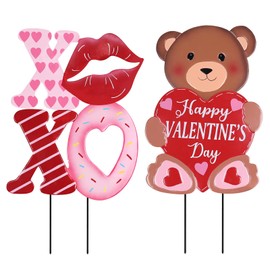 hogardeck Valentines Day Decorations Outdoor, 2 Pcs 28" Metal Bear Decorative Garden Stakes for Valentines Day Decor, Yard Sign with XOXO Heart for Home Outside Lawn Porch Anniversary Wedding Party