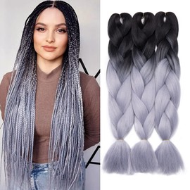 Benehair Braids Extensions Ombre Jumbo Kunsthaar zum Einflechten Box Braids Haarverlängerung Zopf Haare zum Einflechten für Damen Mädchen Schwarz/Grau 60cm
